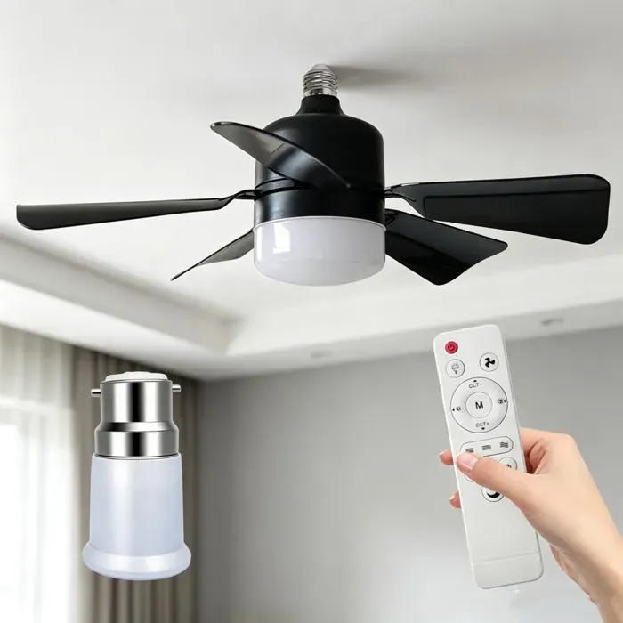 Ventilateur de plafond E27 Noir Silencieux 5 Pales Moteur Sans Balais 3 Couleurs Lumière Minuterie 1/2/4H Avec Adaptateur B22 — coloris Blanc