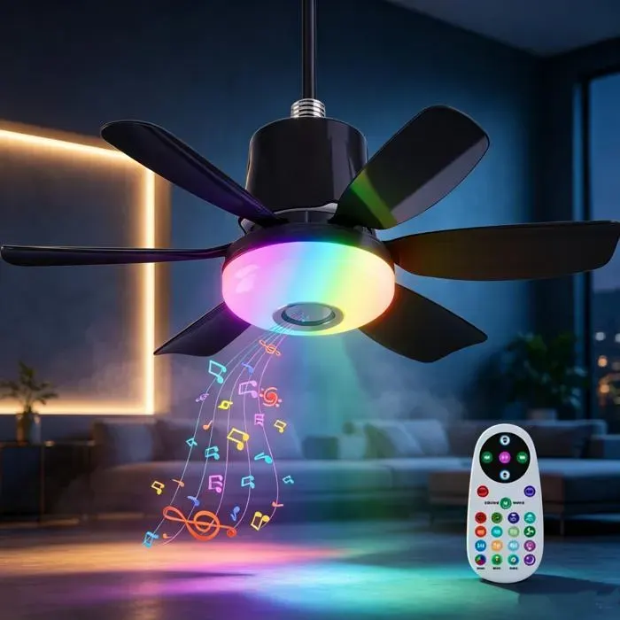 Ventilateur de plafond E27 RGB LED 32W Bluetooth Enceinte 4 en 1 3 Températures 3 Vitesses Minuterie 1/2/4h Chambre Salon Noir