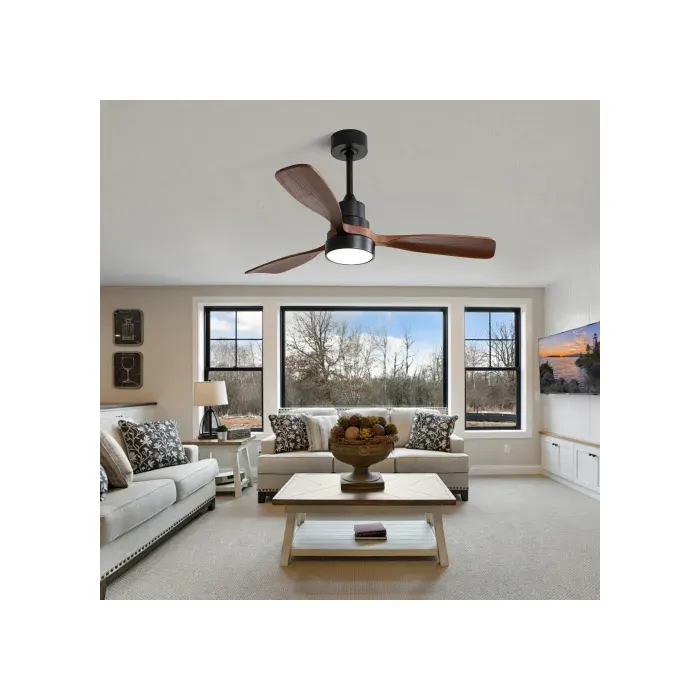 Ventilateur de plafond en bois de 48 pouces avec 3 ailes en bois massif télécommande moteur DC réversible économe en énergie
