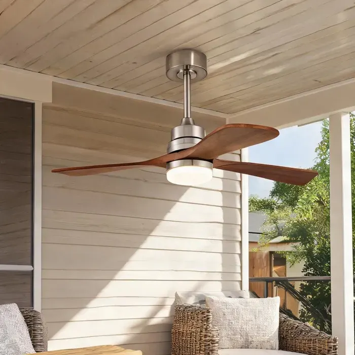 Ventilateur de plafond en bois massif et métal 107 cm 3 pales réversibles lumière LED 3 températures télécommande