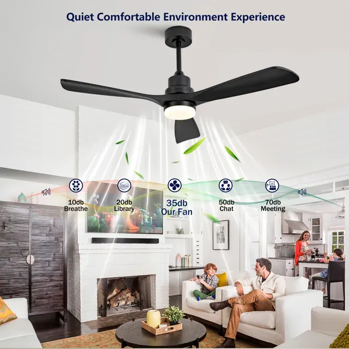 Ventilateur de plafond en bois massif noir avec éclairage télécommande intensité lumineuse réglable 6 vitesses de ventilation