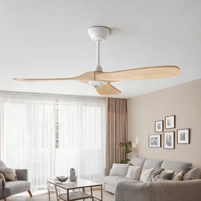 Ventilateur de plafond en bois naturel et métal blanc 152 cm 6 vitesses silencieux design moderne pour terrasse et salon