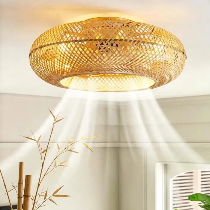 Ventilateur de plafond en rotin – 50cm 6 vitesses minuterie – Moteur réversible été/hiver – Design cage tressé – 3 couleurs