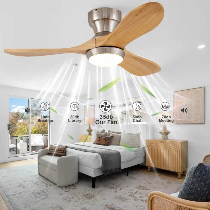 Ventilateur de plafond encastrable AESVAR 36 pouces avec lumière LED télécommande 3 pales bois massif 6 vitesses