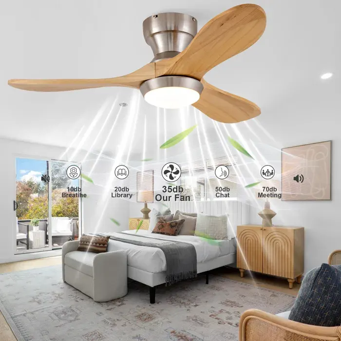 Ventilateur de plafond encastrable avec éclairage et télécommande 3 pales en bois massif fonction de mémorisation des 6 vitesses