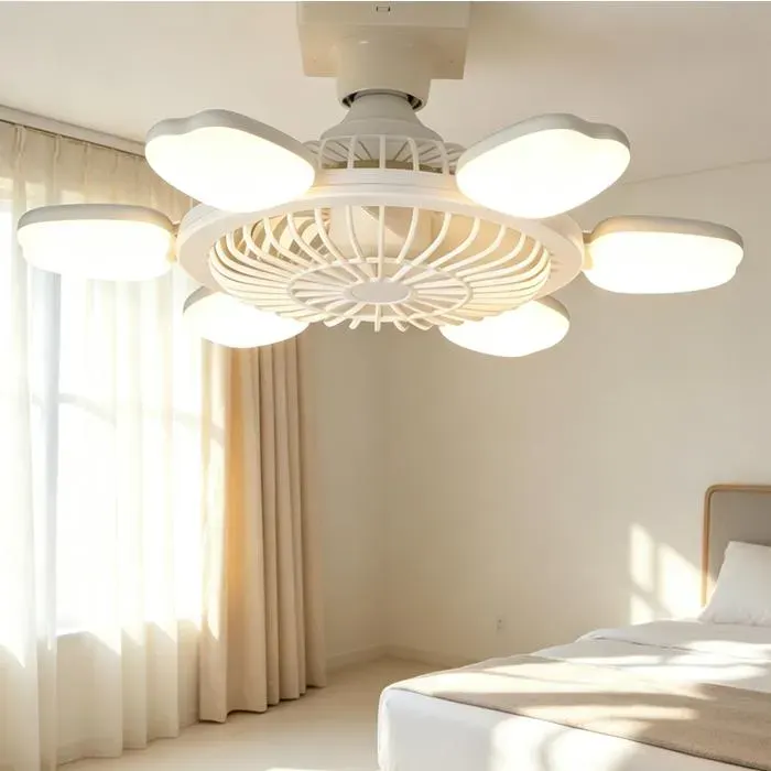 Ventilateur de plafond et 6 lumières Silencieux Dimmable Minuterie pour Salon Chamber Avec Télécommande 3 Vitesses 6 pales 60W — coloris Blanc