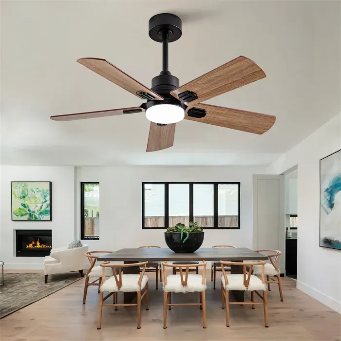 Ventilateur de Plafond Extérieur 42 Pouces - 107x107x37cm - 5 Pales Réversibles Noyer avec LED Dimmable et Télécommande - Noir
