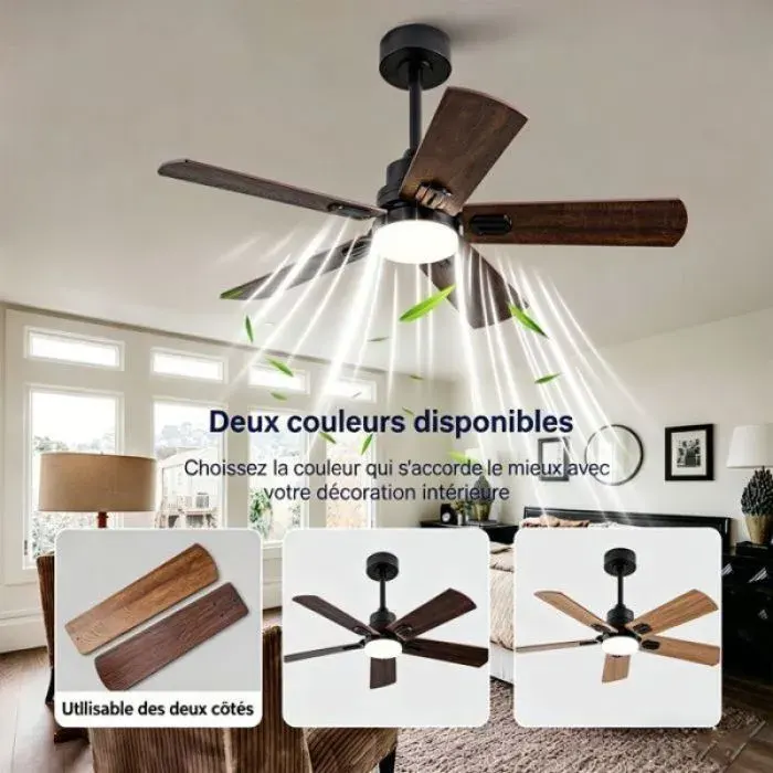 Ventilateur de plafond extérieur 42 pouces Noir Noyer 5 pales ventilation silencieuse avec éclairage et télécommande réglable po
