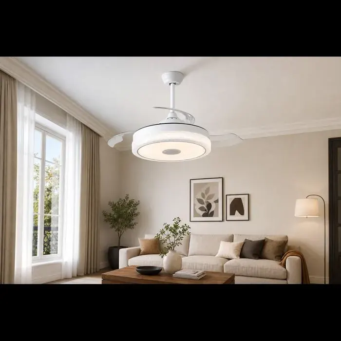 Ventilateur de Plafond Invisible 42 Pouces Moteur DC Réversible Télécommande 3 Pales ABS Éclairage LED 32W
