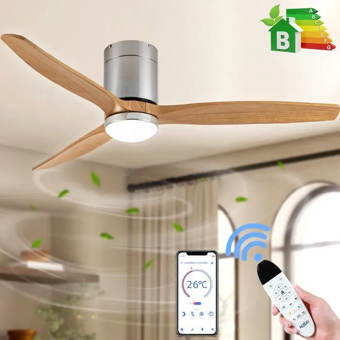 Ventilateur de Plafond Kotezu 132 cm Silencieux CC LED à Intensité Variable Télécommande Mode Été/Hiver Bois Naturel