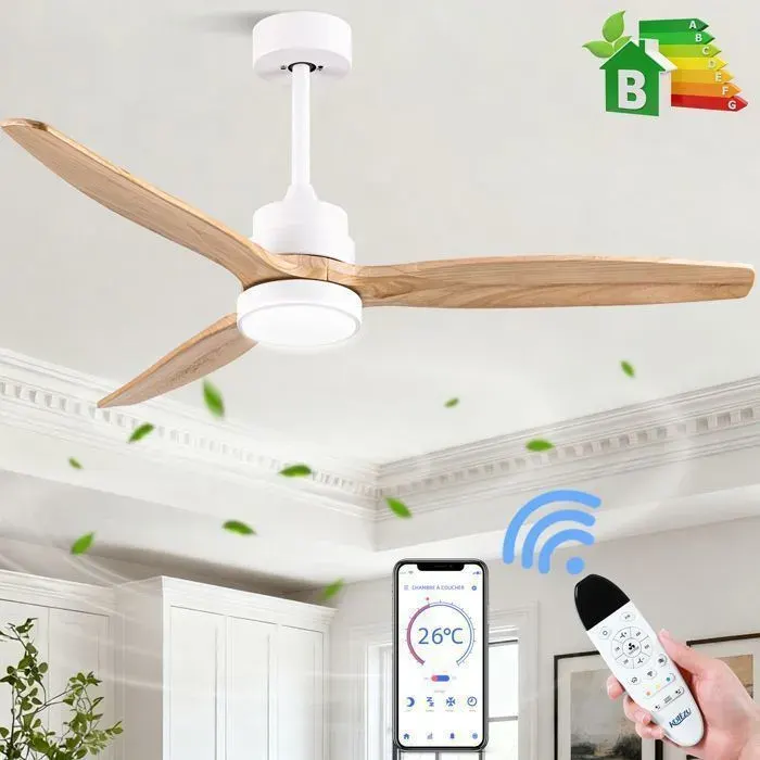 Ventilateur de Plafond Kotezu 132 cm Silencieux DC avec Lumière Intégrée Pales Bois Réversible Télécommande Économie d’Énergie