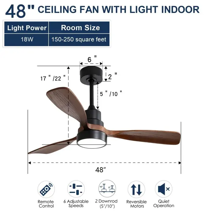 Ventilateur de plafond LED 122 cm noir avec 3 pales en bois massif télécommande et moteur DC réversible
