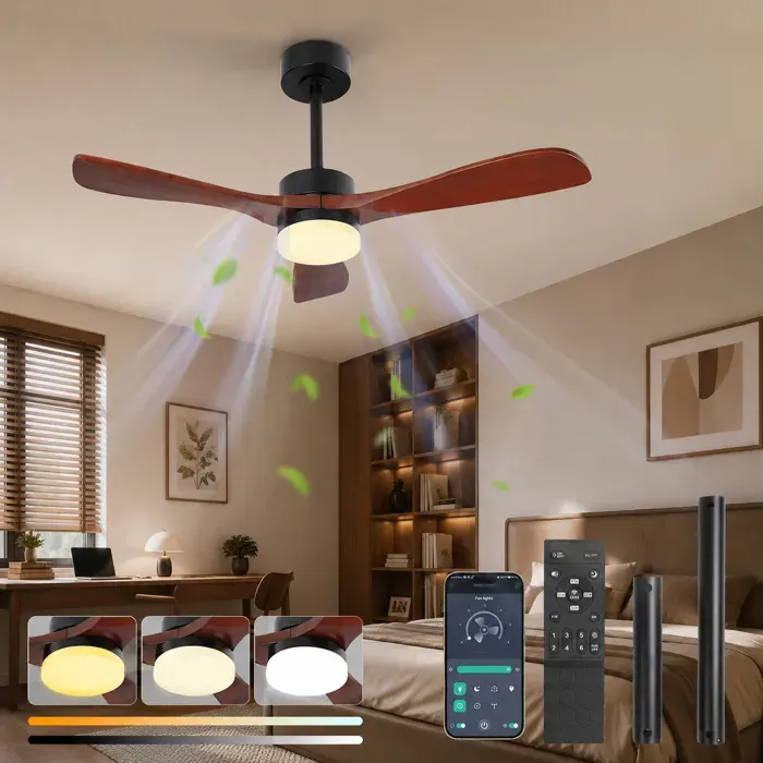 Ventilateur de Plafond LED 132cm Marron avec Télécommande & App Moteur DC Silencieux 6 Vitesses Lames Bois