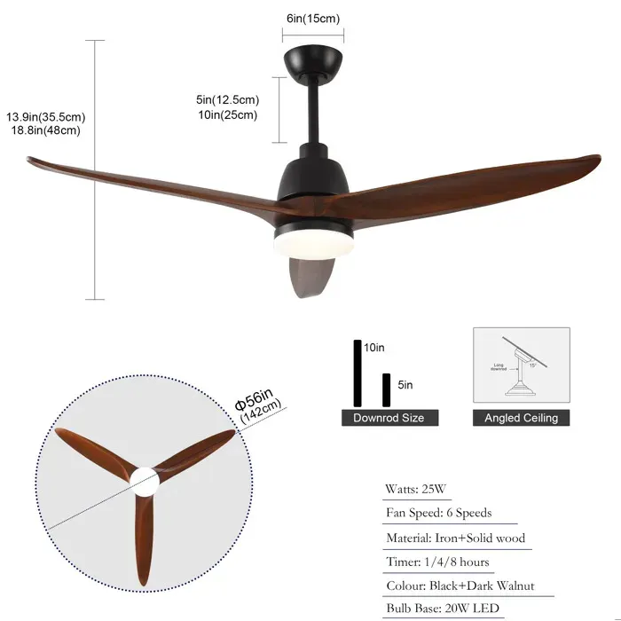 Ventilateur de plafond LED 142 cm avec télécommande 6 vitesses réversible lumière dimmable bois métal ORVRYN