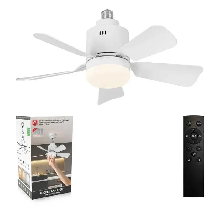 Ventilateur de Plafond LED, 24W avec Télécommande5 Luminosités 3 Couleurs 4 Vitesses Installation sur Douille E27,Blanc