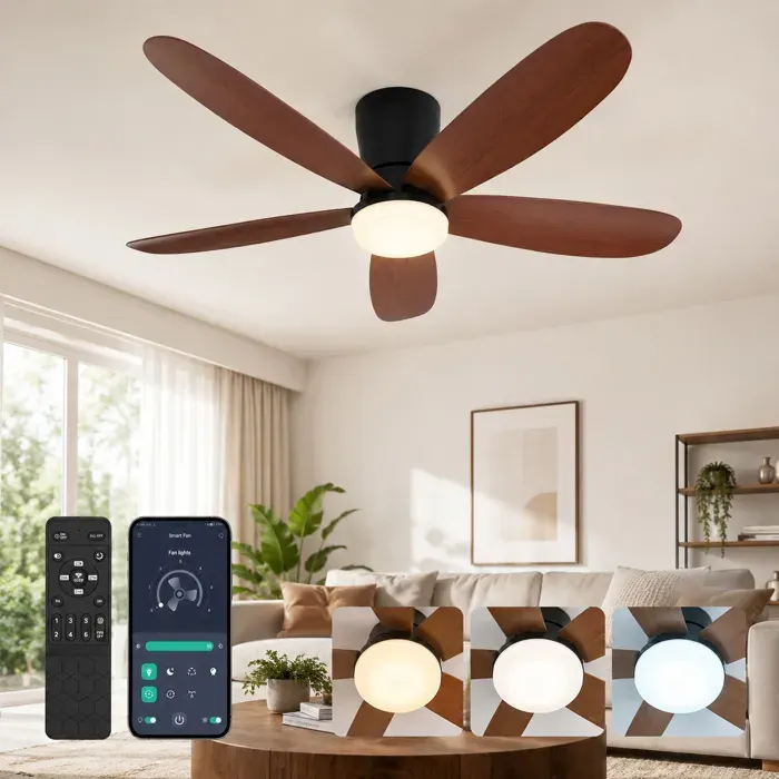 Ventilateur de Plafond LED 42 Pouces Encastré Moteur DC Télécommande + Application 6 Vitesses Dimmable Noyer Φ106cm