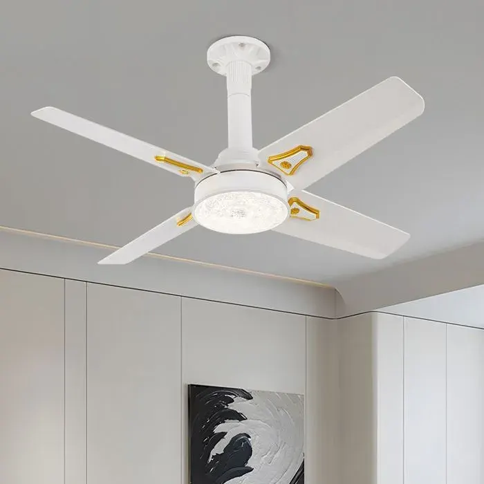 Ventilateur de Plafond LED 48W Blanc E27 3 Vitesses Télécommande Lumière Couleurs 4 Pales Plafonnier Silencieux