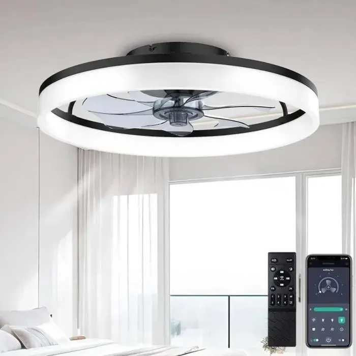 Ventilateur de plafond LED 50 cm - 6 vitesses réversible silencieux avec télécommande et lumière dimmable pour salon et chambre — coloris Noir
