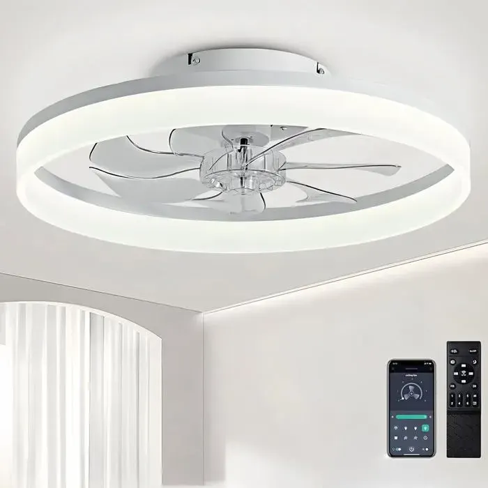 Ventilateur de plafond LED 50 cm silencieux avec lumière dimmable - 6 vitesses réversible télécommande pour salon et chambre