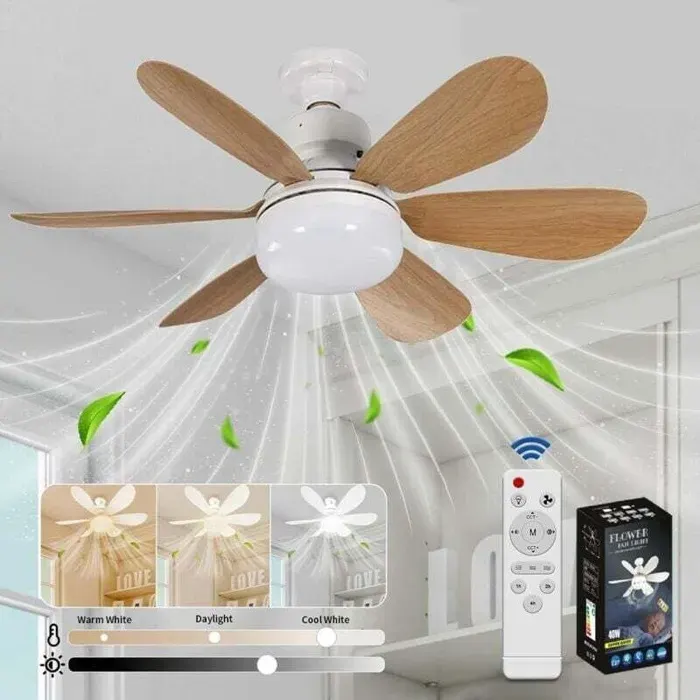 Ventilateur de plafond LED 52 cm Grain de Bois avec télécommande 3 vitesses E27 40W dimmable