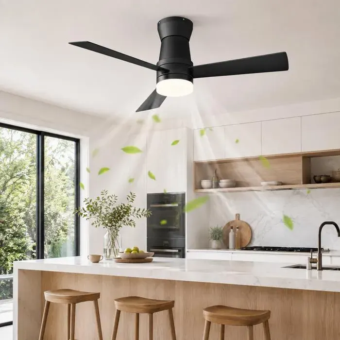 Ventilateur de plafond LED 52 pouces 1066 cm noir 3 pales moteur DC silencieux réversible 6 vitesses lumière dimmable