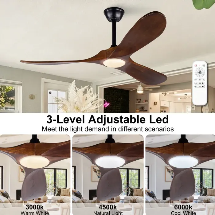 Ventilateur de Plafond LED 52 Pouces 6 Vitesses - BEAUNIV - Réversible en Métal et Bois Noir et Noyer Foncé 132 × 132 × 30 cm