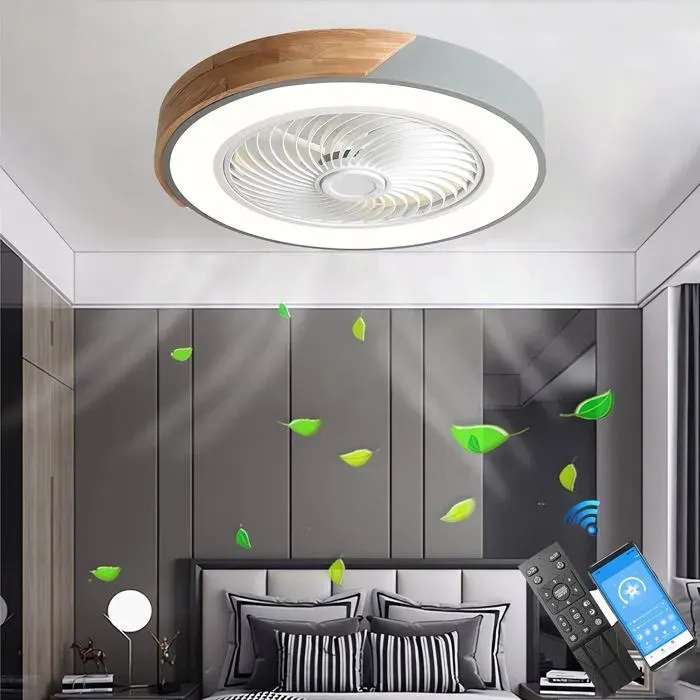 Ventilateur de plafond LED 52cm silencieux télécommande et application lumière réglable pour chambre salon design gris moderne