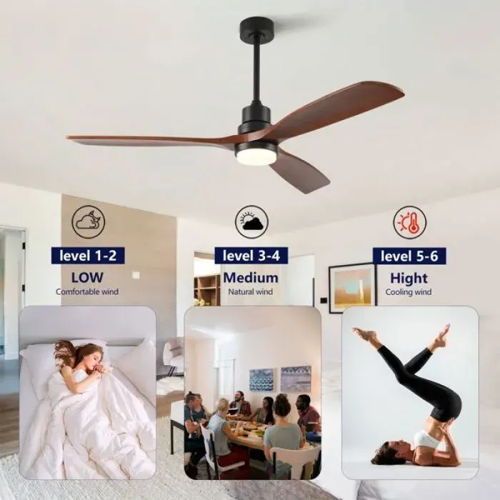 Ventilateur de plafond LED 60’’ bois massif 6 vitesses réglables rotation avant‑arrière réversible équipé de télécommande