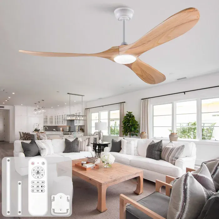 Ventilateur de plafond LED 60 pouces 3 pales en bois télécommande dimmable réversible blanc naturel