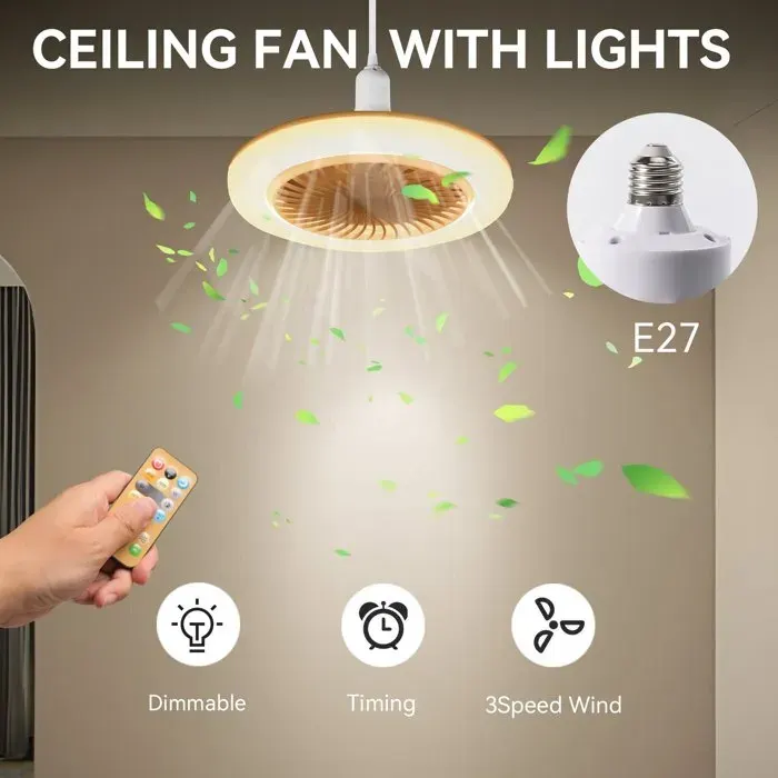 Ventilateur de plafond LED avec E27 – 30W 3 températures de couleur 3 vitesses minuterie – Pour salon chambre studio dortoir