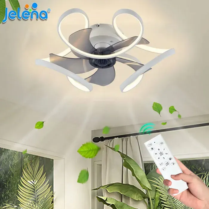 Ventilateur de plafond LED avec lumière design moderne dimmable 6 vitesses usage chambreBlanc
