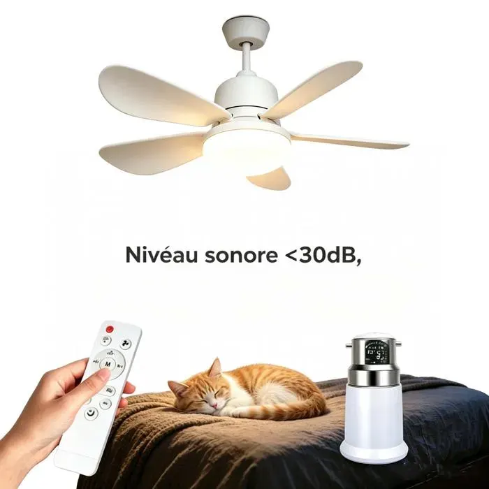 Ventilateur de plafond LED avec télécommande – E27- 5 pales – 3 vitesses 3 couleurs 2400lm minuterie 2/4h –Pour chambre salon