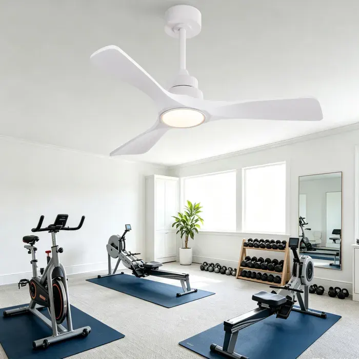 Ventilateur de plafond LED blanc 42 pouces 3 pales en bois moteur DC réversible télécommande 6 vitesses