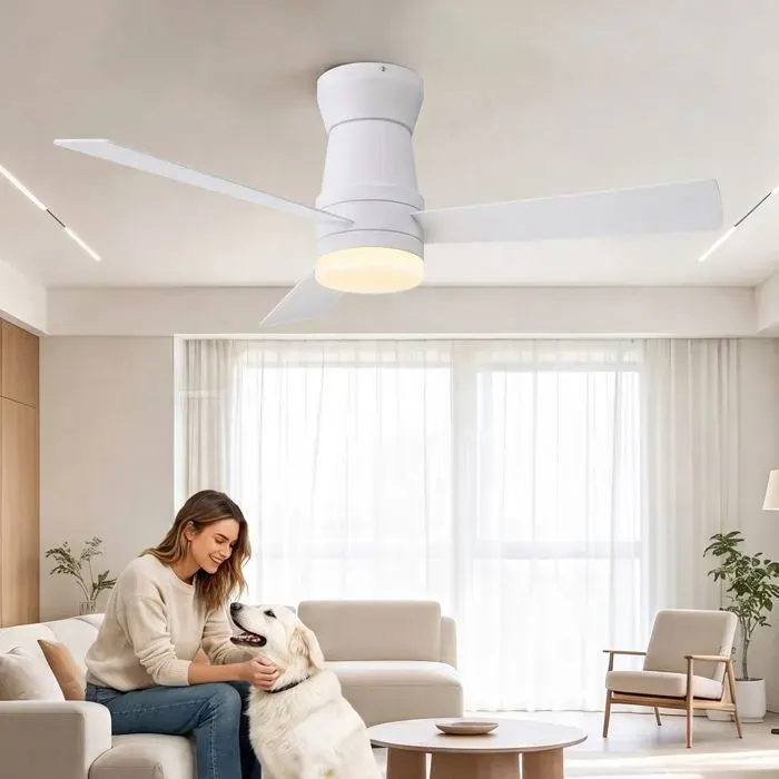 Ventilateur de plafond LED blanc 47cm 3 pales silencieux télécommande 6 vitesses éclairage 3 couleurs