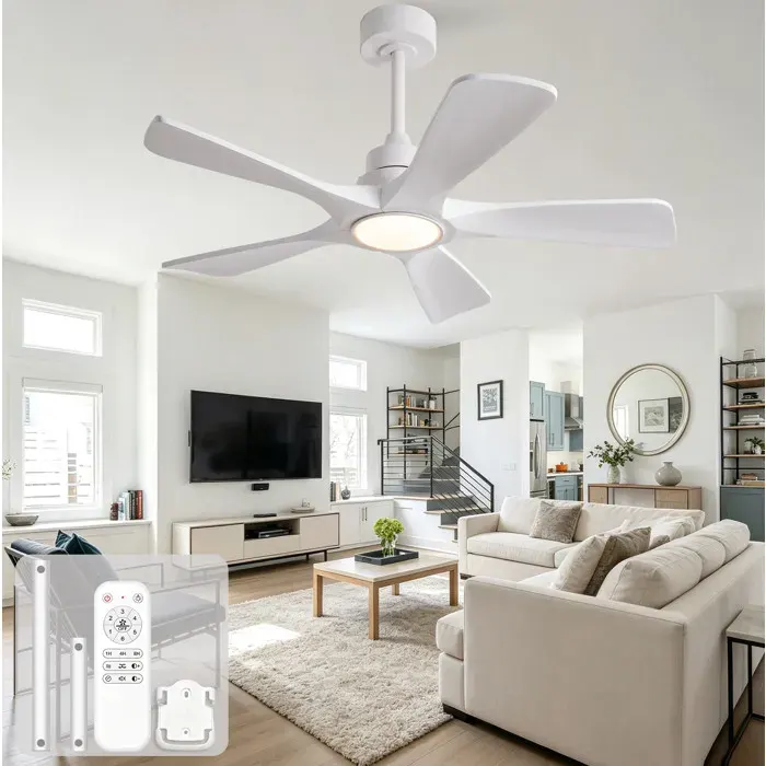 Ventilateur de plafond LED blanc 5 pales en bois télécommande 3CCT dimmable 6 vitesses 42 pouces - UVRION
