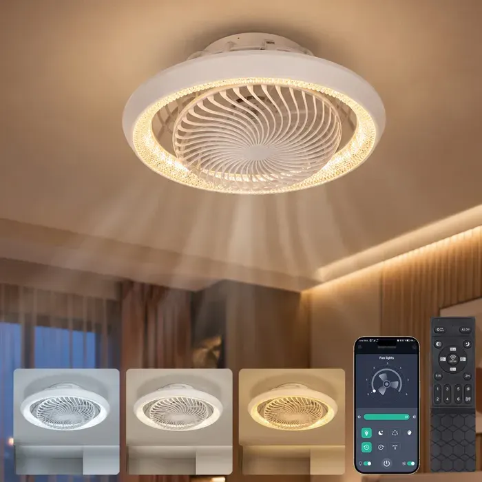 Ventilateur de Plafond LED Blanc avec Télécommande et Application 6 Vitesses Dimmable 49 cm