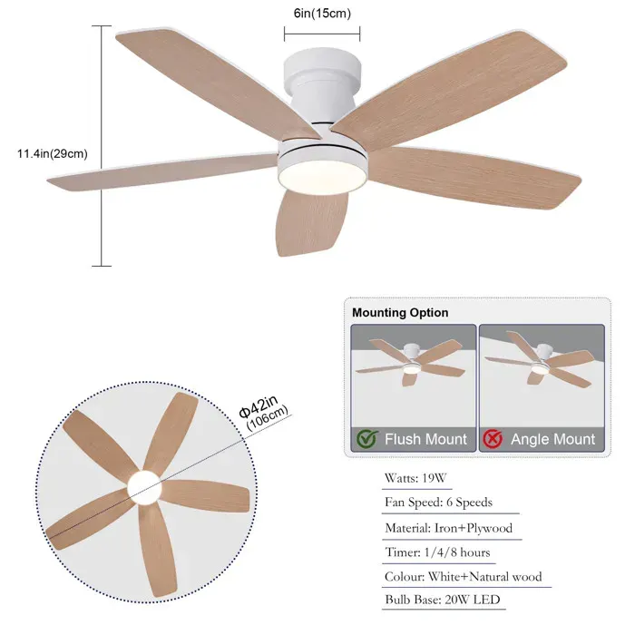 Ventilateur De Plafond LED Blanc Bois Naturel Ventilateur Plafonnier FloraGrace Pour Chambre Montage En Applique 107x107x29cm
