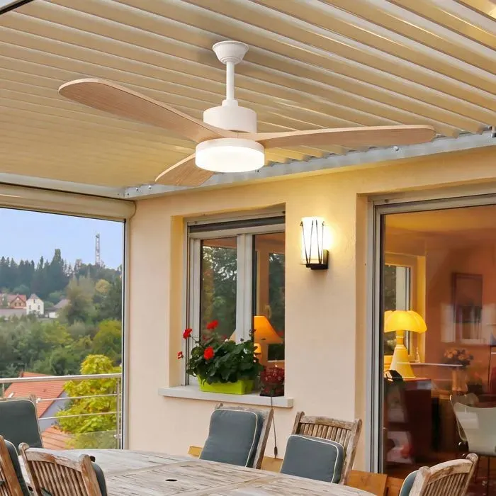 Ventilateur de plafond LED bois 336W 3 pales 6 vitesses lumière réglable 3000K-6500K moteur silencieux