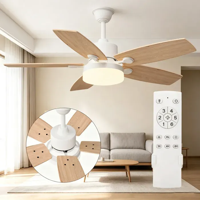Ventilateur de Plafond LED Bois Massif SilencieuxMoteur DC 6 Vitesses 3 Couleurs Réversible Économie 20W Modes Été/Hiver