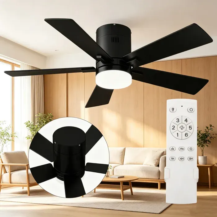 Ventilateur de Plafond LED Bois Silencieux Moteur DCTélécommande6 VitessesRéversibleDimmable Eclairage 3 CouleursNoir