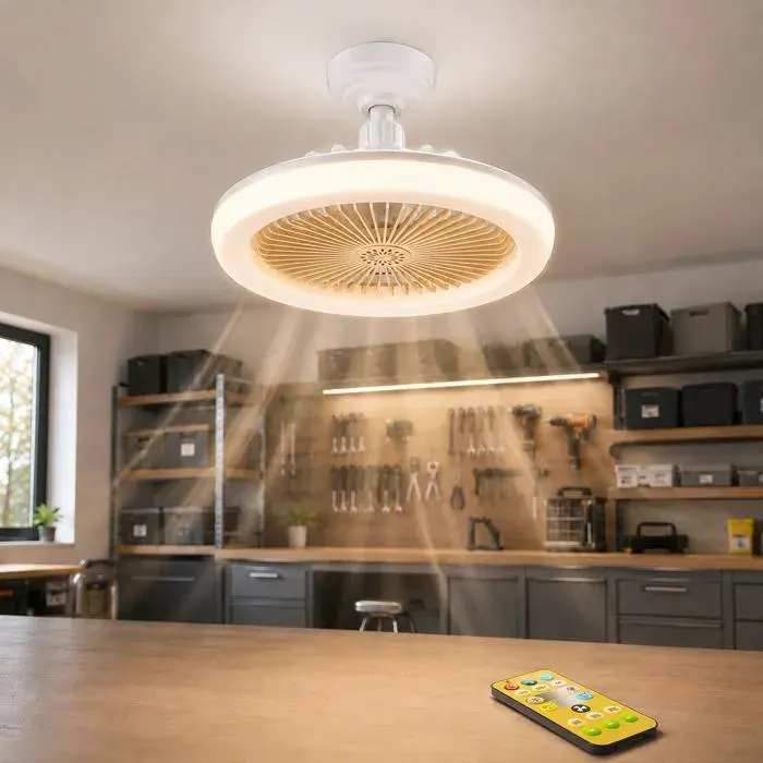 Ventilateur de Plafond LED E27 25cm Encastré Dimmable 3 Couleurs Télécommande Garage Chambre Jaune
