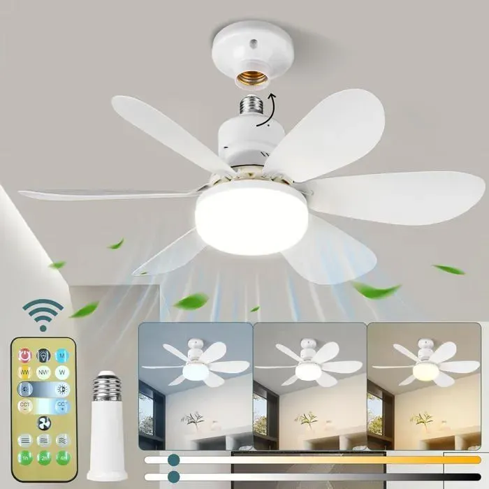 Ventilateur de Plafond LED E27 40W avec Télécommande 6 Pales 3 Vitesses Silencieux Lampe Ventilateur pour Chambre et Salon