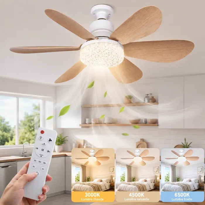 Ventilateur de Plafond LED E27 à Effet Bois avec Télécommande 40W Luminaire Silencieux Dimmable