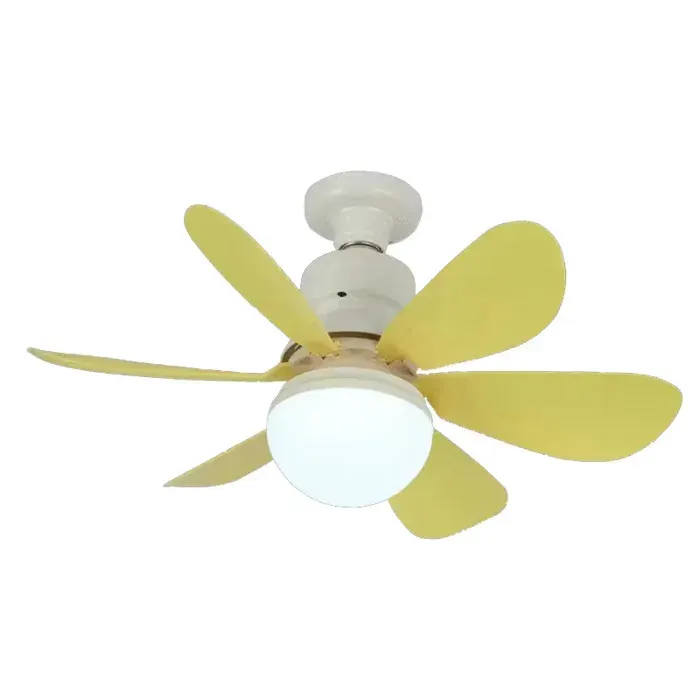Ventilateur de Plafond LED E27 avec Télécommande 40W Dimmable 6 Pales 3 Vitesses Silencieux pour Salon Chambre Jaune