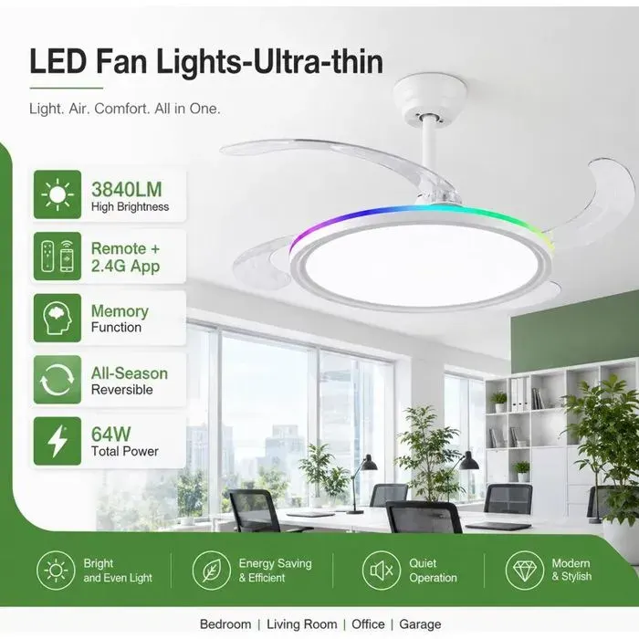 Ventilateur de Plafond LED Invisible Ultra Plat 64W avec Éclairage RGB APP et Télécommande 24G 3000K-6000K Rotation Réversible