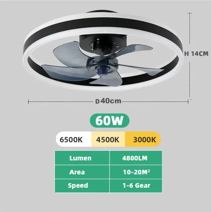 Ventilateur de plafond LED noir 40 cm 55 W6 vitesses de ventilation 3 couleurs Convient aux pièces de 10 à 20 mètres carrés