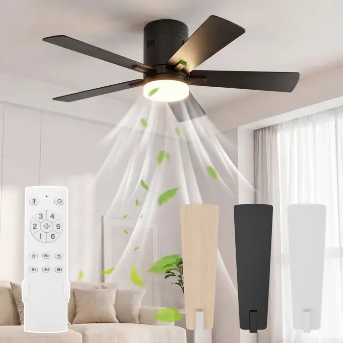 Ventilateur de plafond LED noir 44cm 5 pales silencieux télécommande 6 vitesses lumière 3 températures de couleur salon chambre