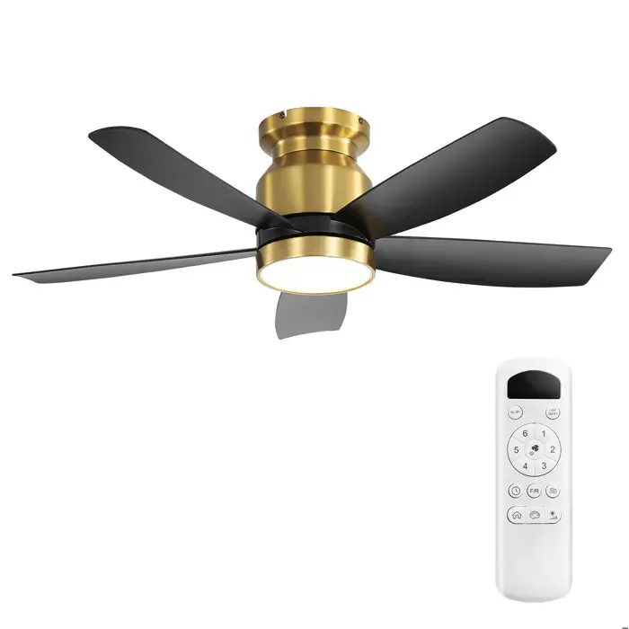 Ventilateur de Plafond LED Plat avec Moteur DC Réversible 5 Pales ABS 6 Vitesses Noir et Doré - UVRION 42 Pouces