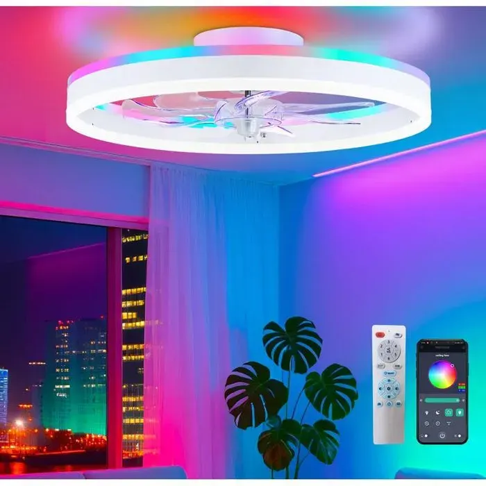 Ventilateur de Plafond LED RGB 40 cm avec Télécommande Sans Pales Faible Hauteur Lumière Dimmable Plafonnier