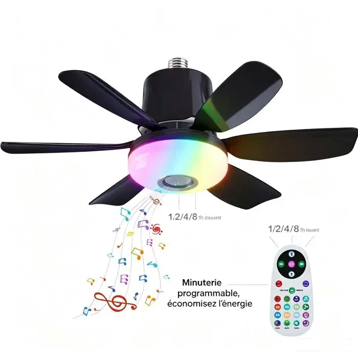 Ventilateur de plafond LED RGB E27 – 32W 2400lm 3 couleurs + RGB Bluetooth 3 vitesses minuterie – Pour chambre salon bureau